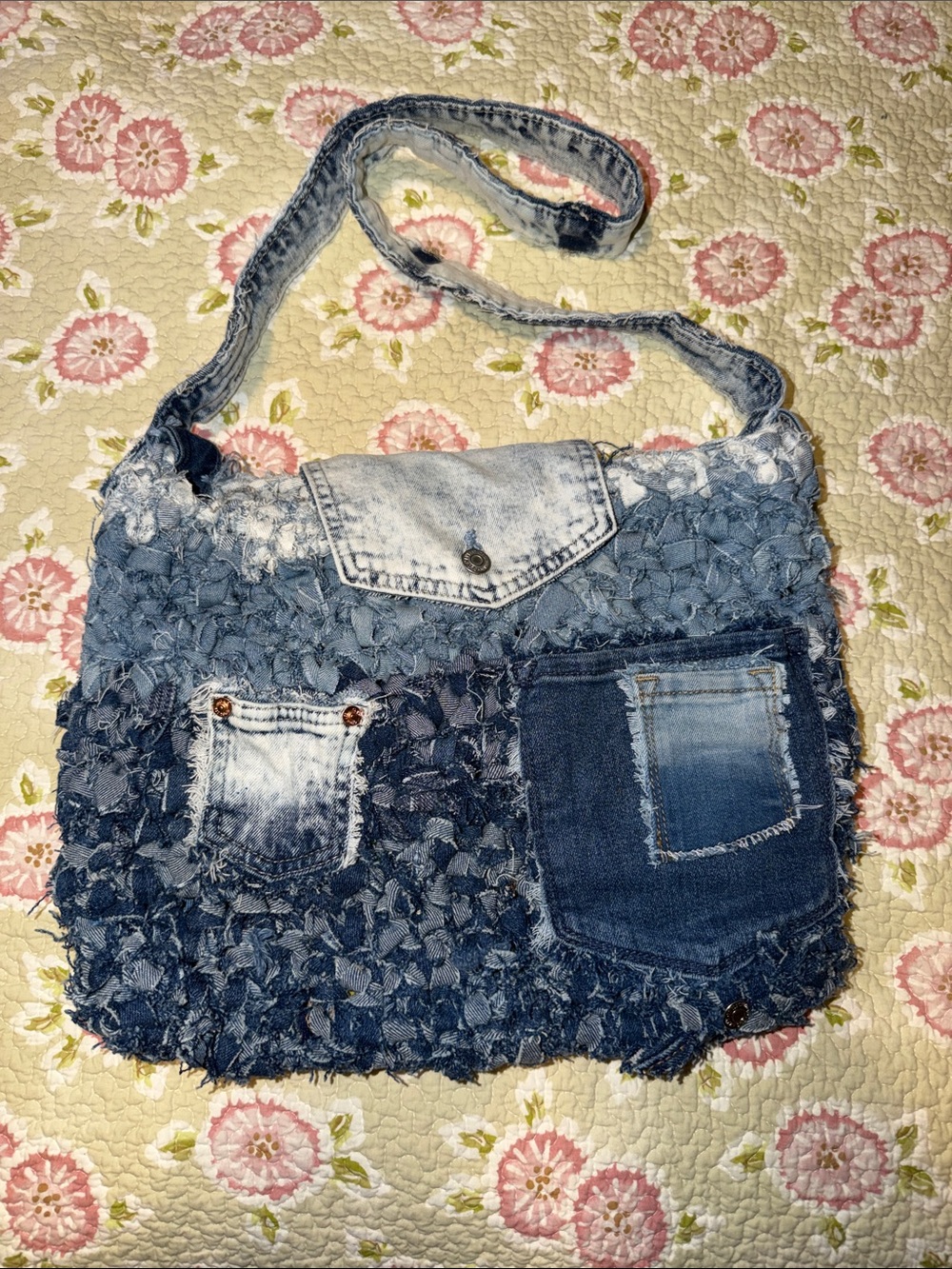 Hand made Denim Patchwork Shoulder Bag - Blue
